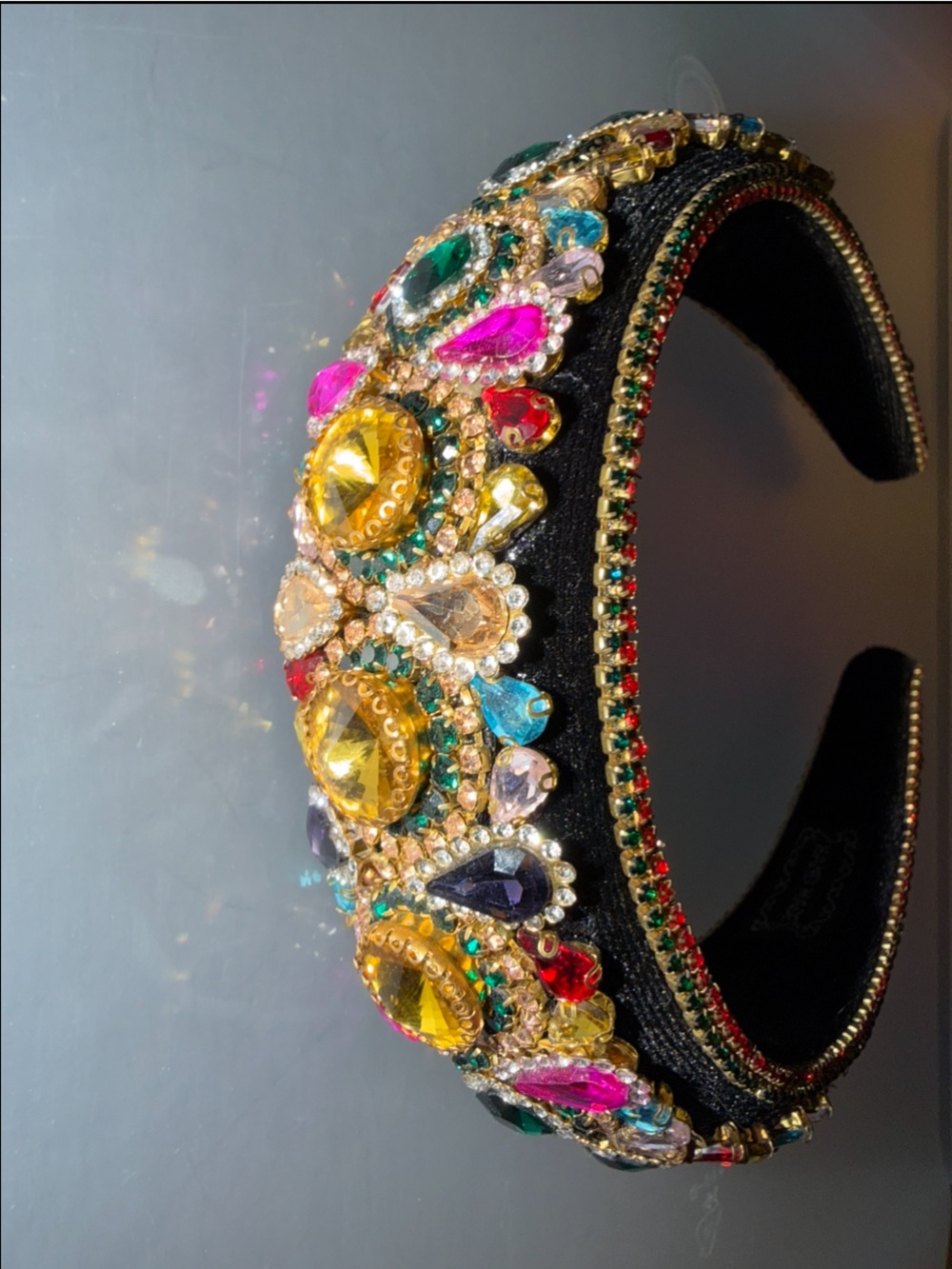 Handmade Fabulous Glass Rhinestone Bling Headband Black Velvet Runway Piece - Picture 6 of 6